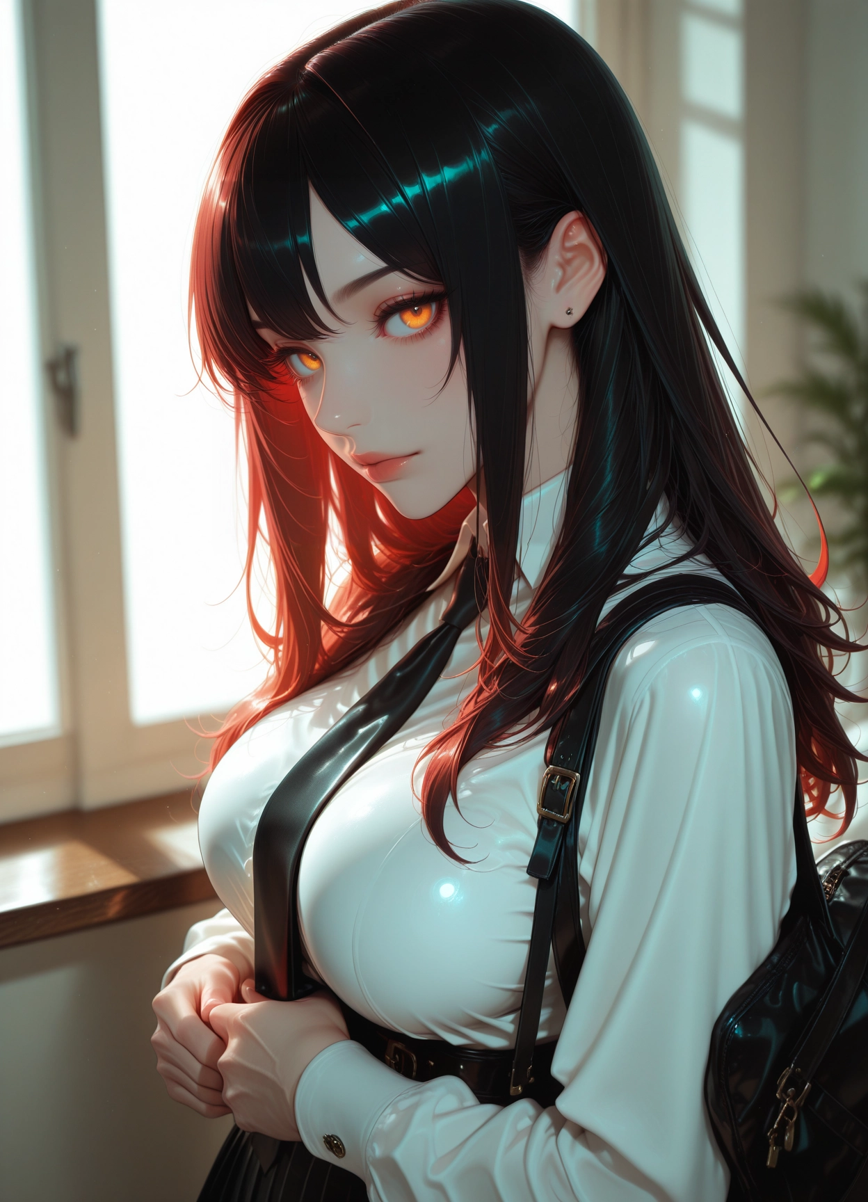 1girl, solo, breasts, long hair, shirt, necktie · Yamete.gg