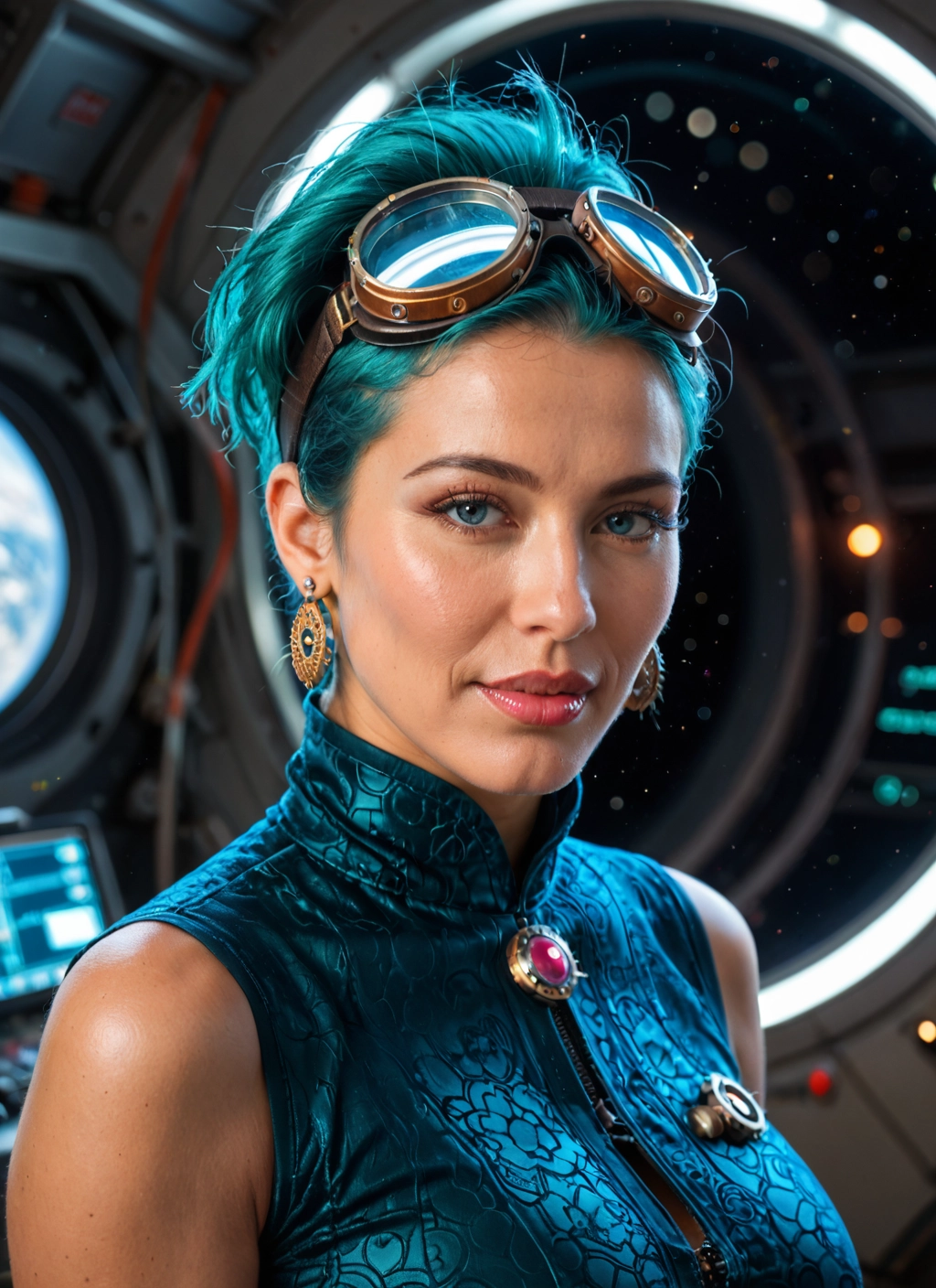1girl, solo, jewelry, earrings, goggles, goggles on head · Yamete.gg