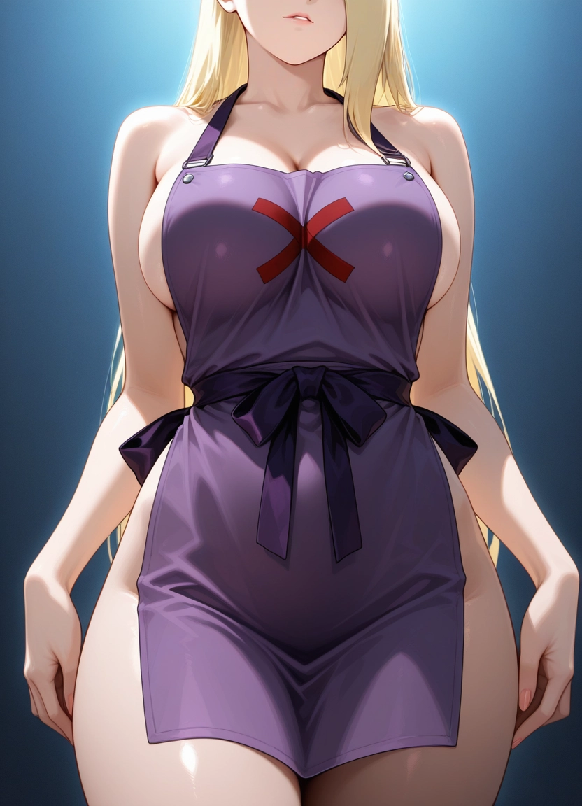 1girl, breasts, solo, apron, naked apron, long hair