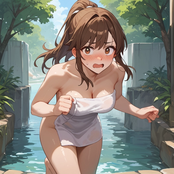 1girl, breasts, brown hair, towel, blush, solo · Yamete.gg