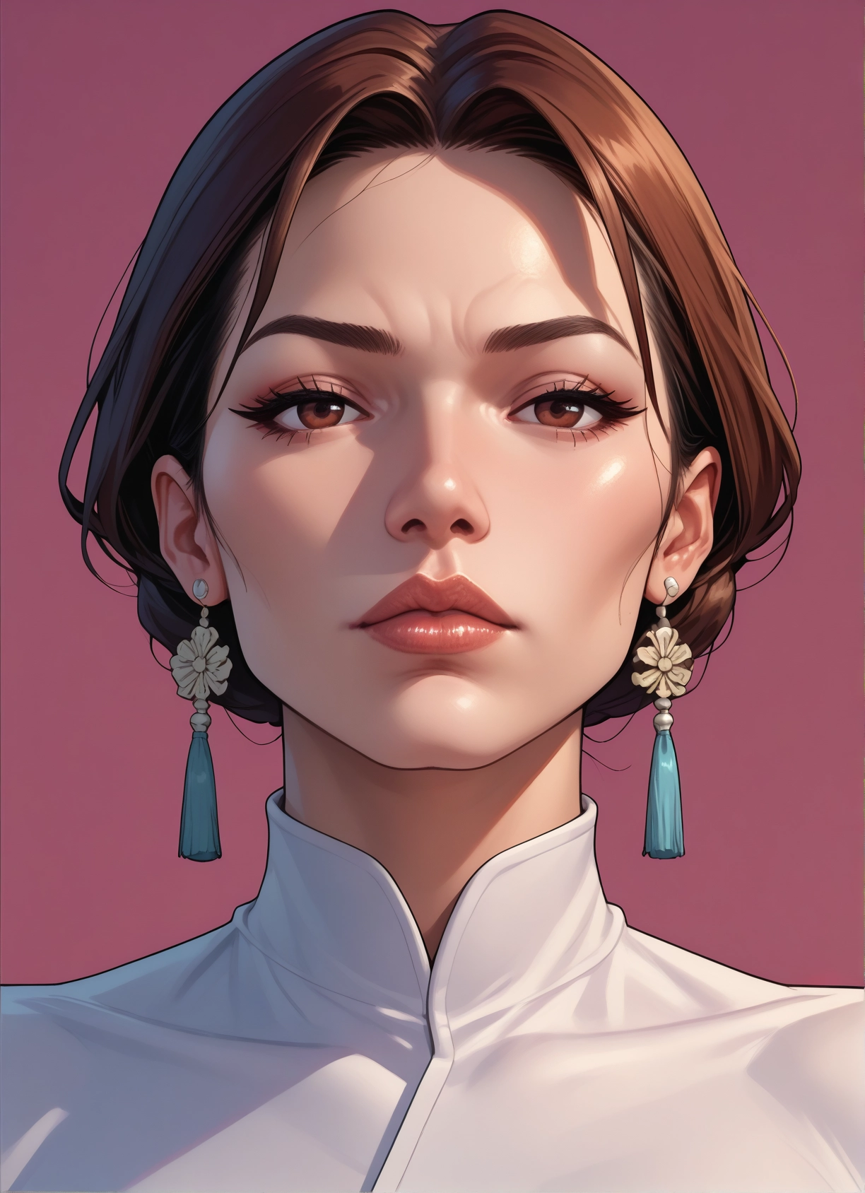 1girl, solo, brown hair, jewelry, earrings, brown eyes · Yamete.gg