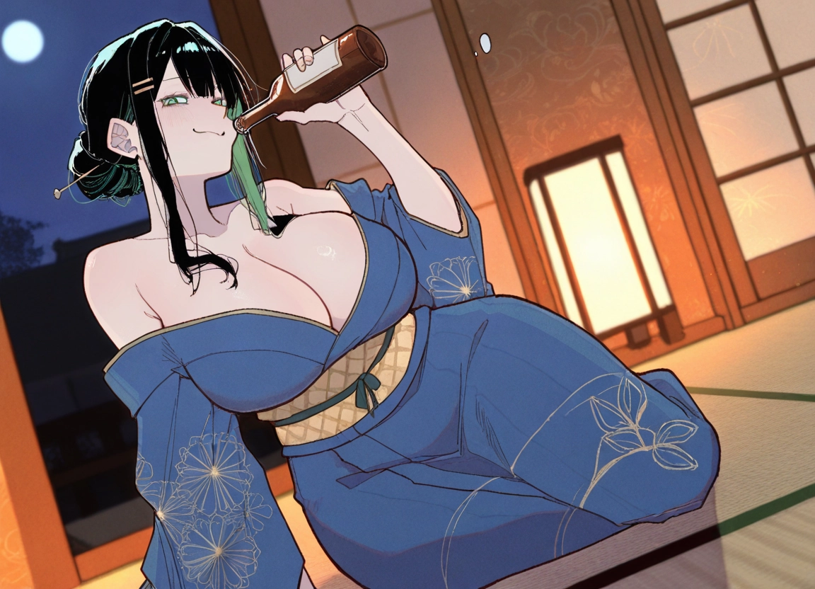 1girl, breasts, japanese clothes, kimono, black hair, cleavage
