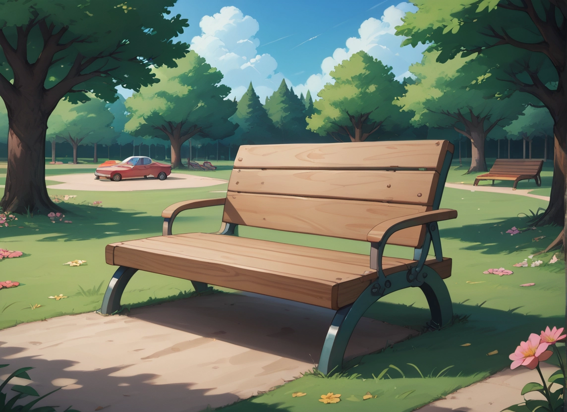 no humans, tree, scenery, flower, motor vehicle, bench