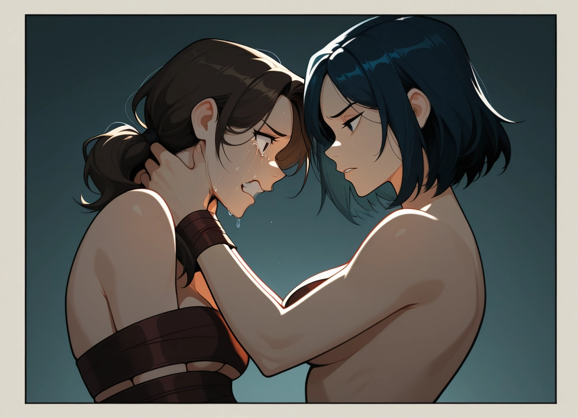 multiple girls, 2girls, breasts, brown hair, crying, tears