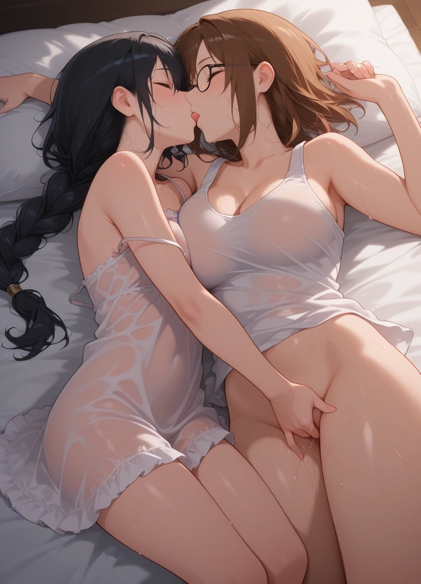multiple girls, breasts, 2girls, yuri, kiss, brown hair · Yamete.gg