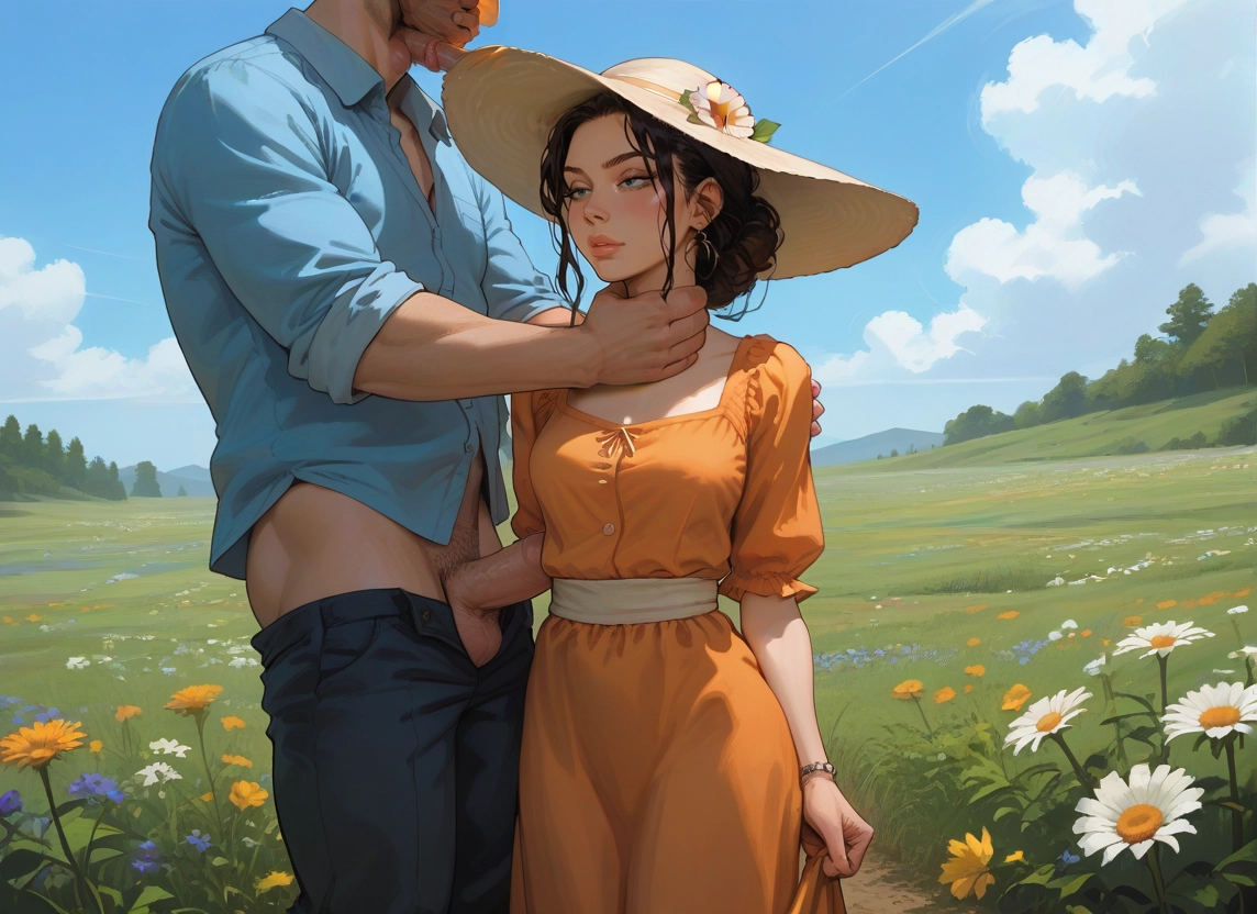 1girl, outdoors, 1boy, penis, flower, hat · Yamete.gg