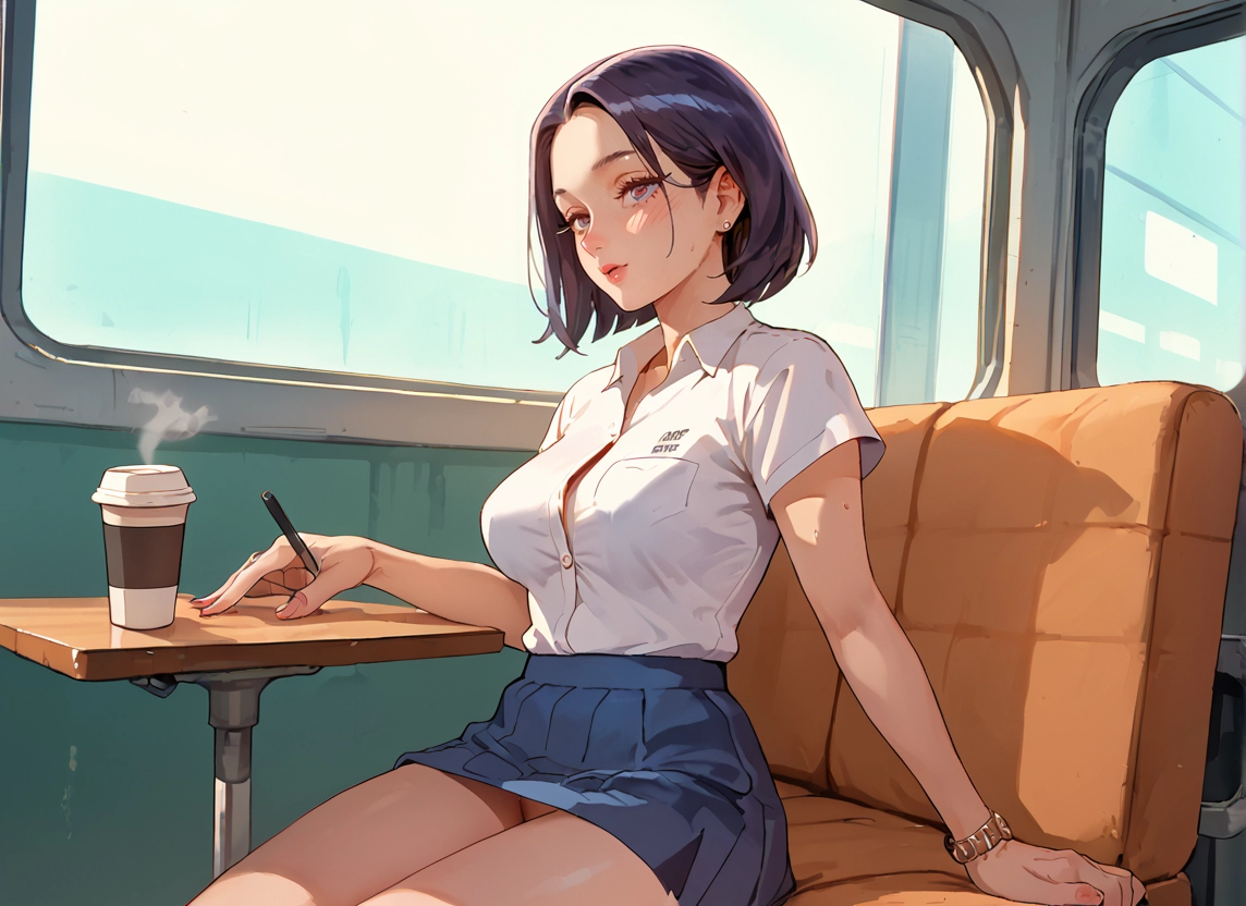 1girl, skirt, breasts, solo, sitting, shirt · Yamete.gg