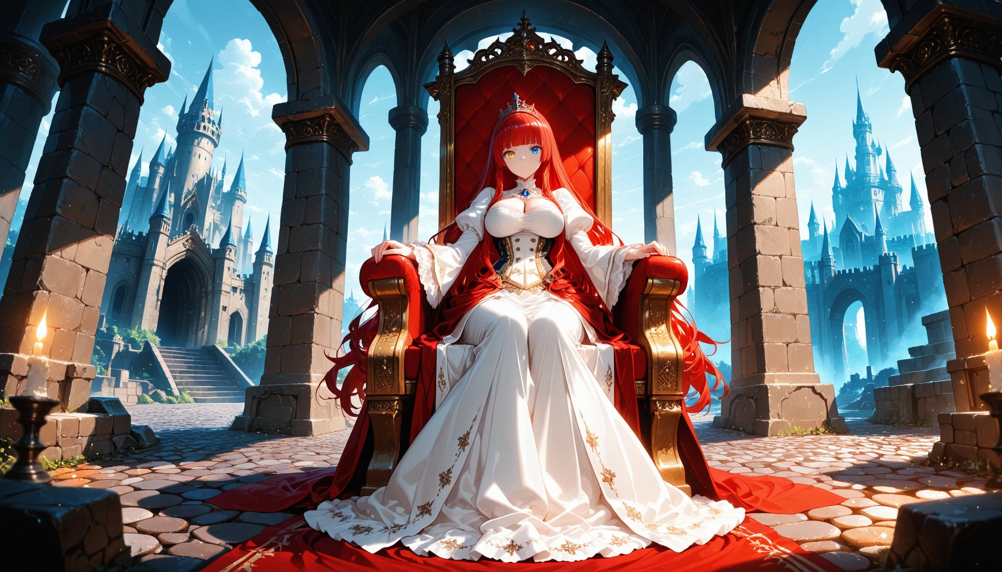 1girl, breasts, dress, solo, red hair, throne · Yamete.gg