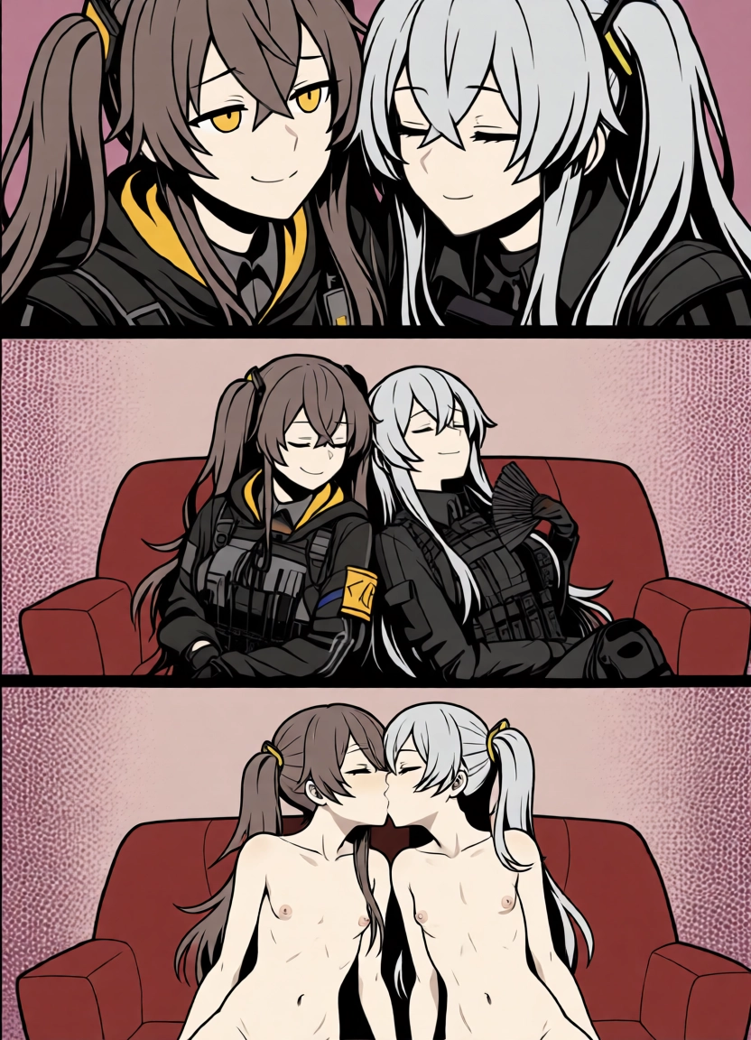 ump45 (girls' frontline), multiple girls, 2girls, scar across eye, scar, nipples