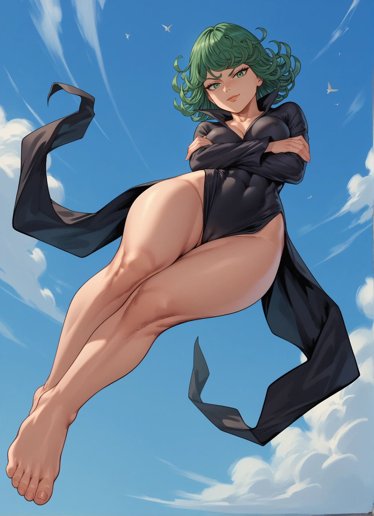 1girl, barefoot, green eyes, dress, breasts, solo · Yamete.gg