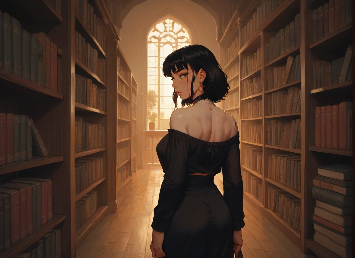 1girl, solo, book, jewelry, bookshelf, skirt · Yamete.gg