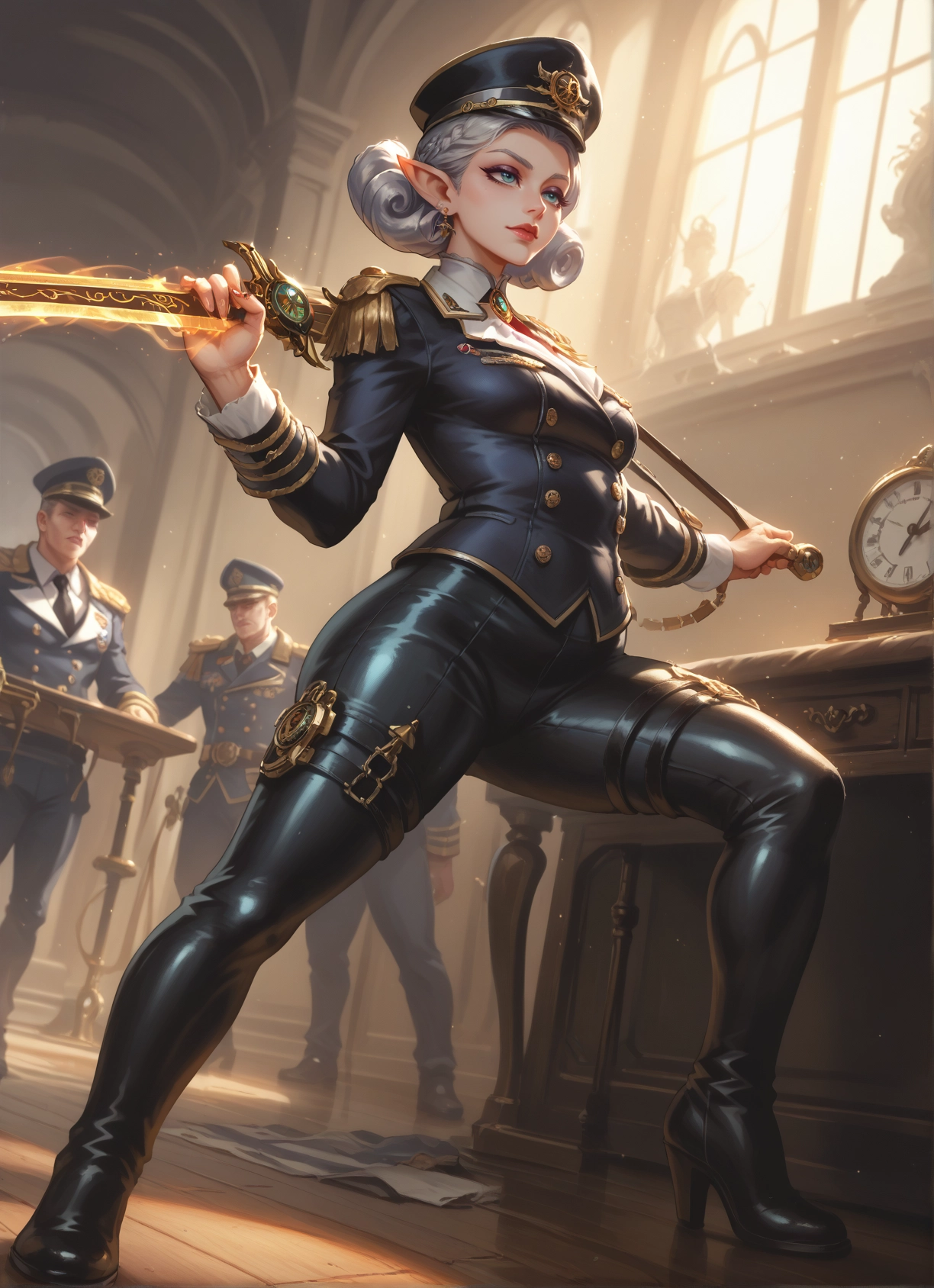 weapon, pointy ears, hat, sword, uniform, high heels · Yamete.gg