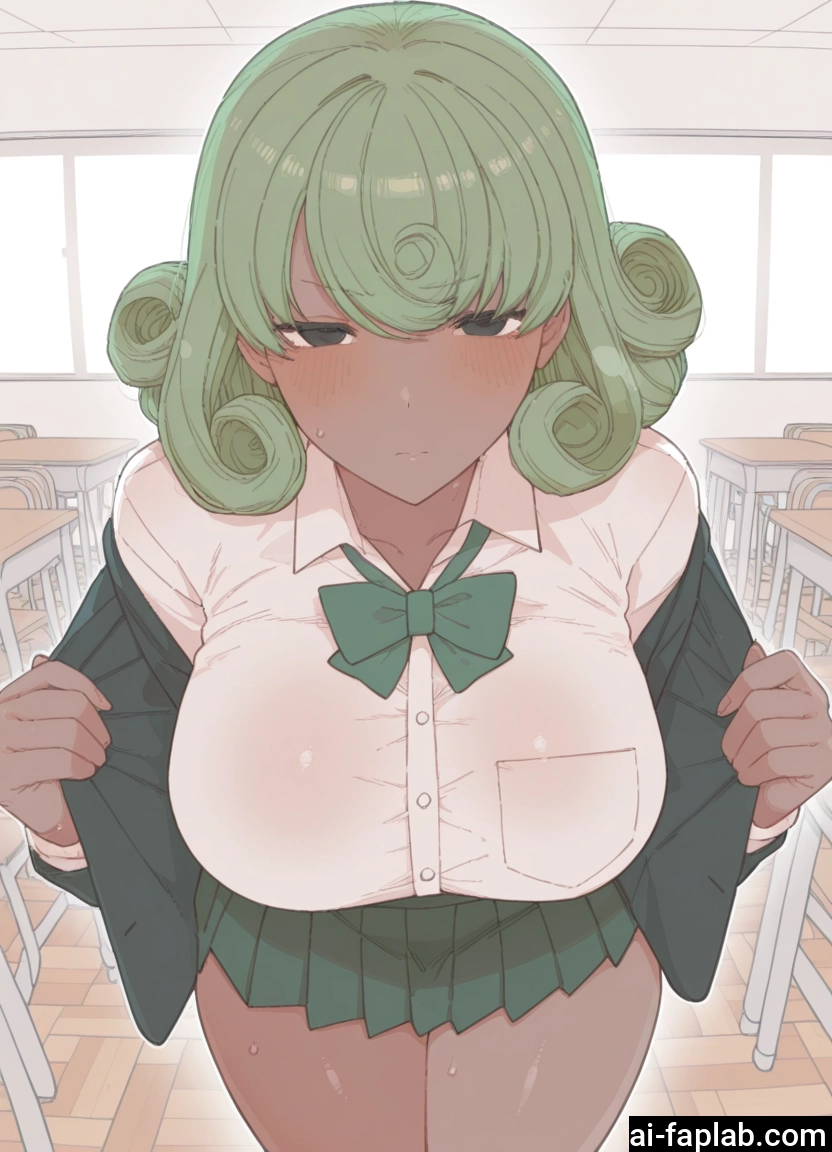 1girl, breasts, skirt, solo, green hair, large breasts