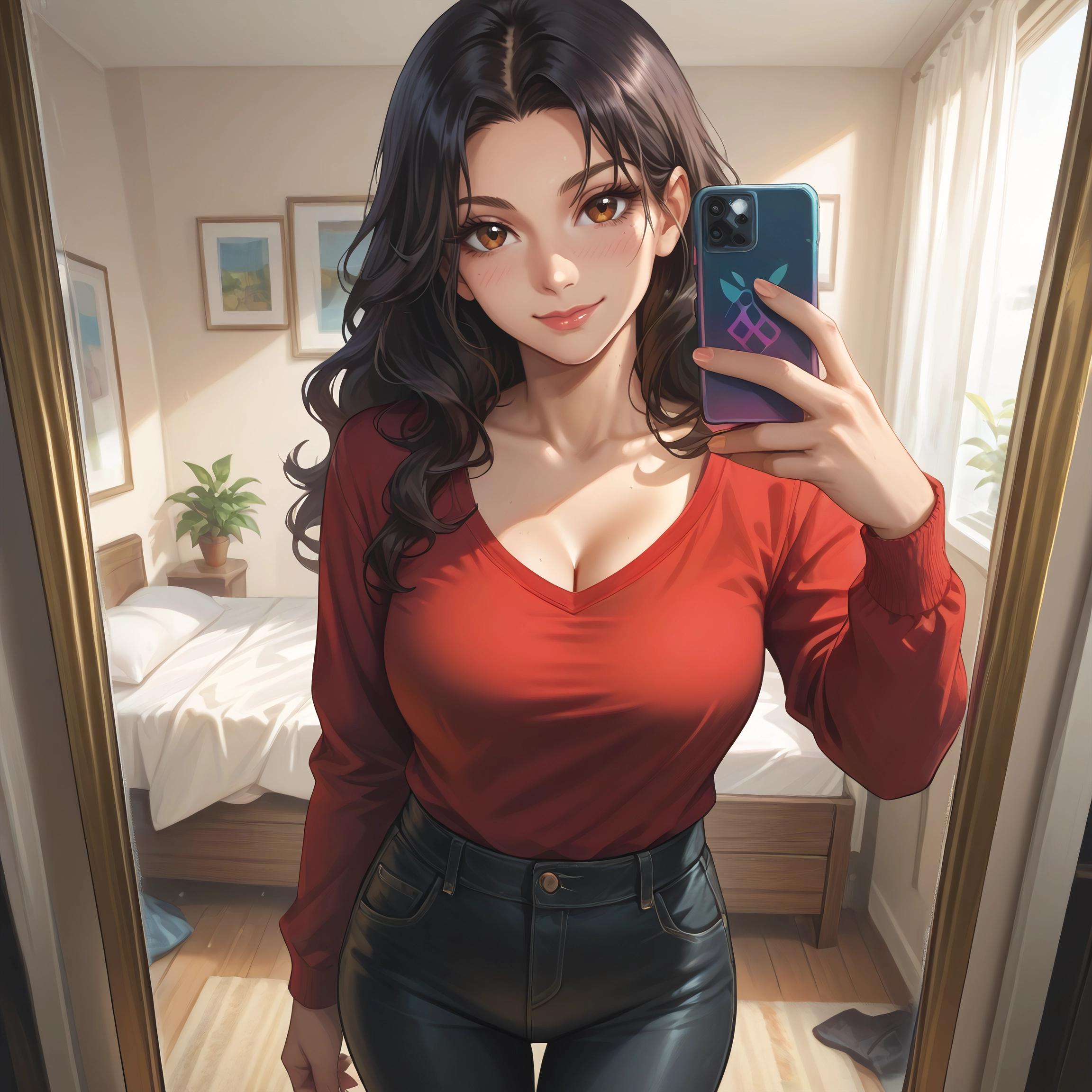 1girl, breasts, phone, cleavage, pants, cellphone · Yamete.gg