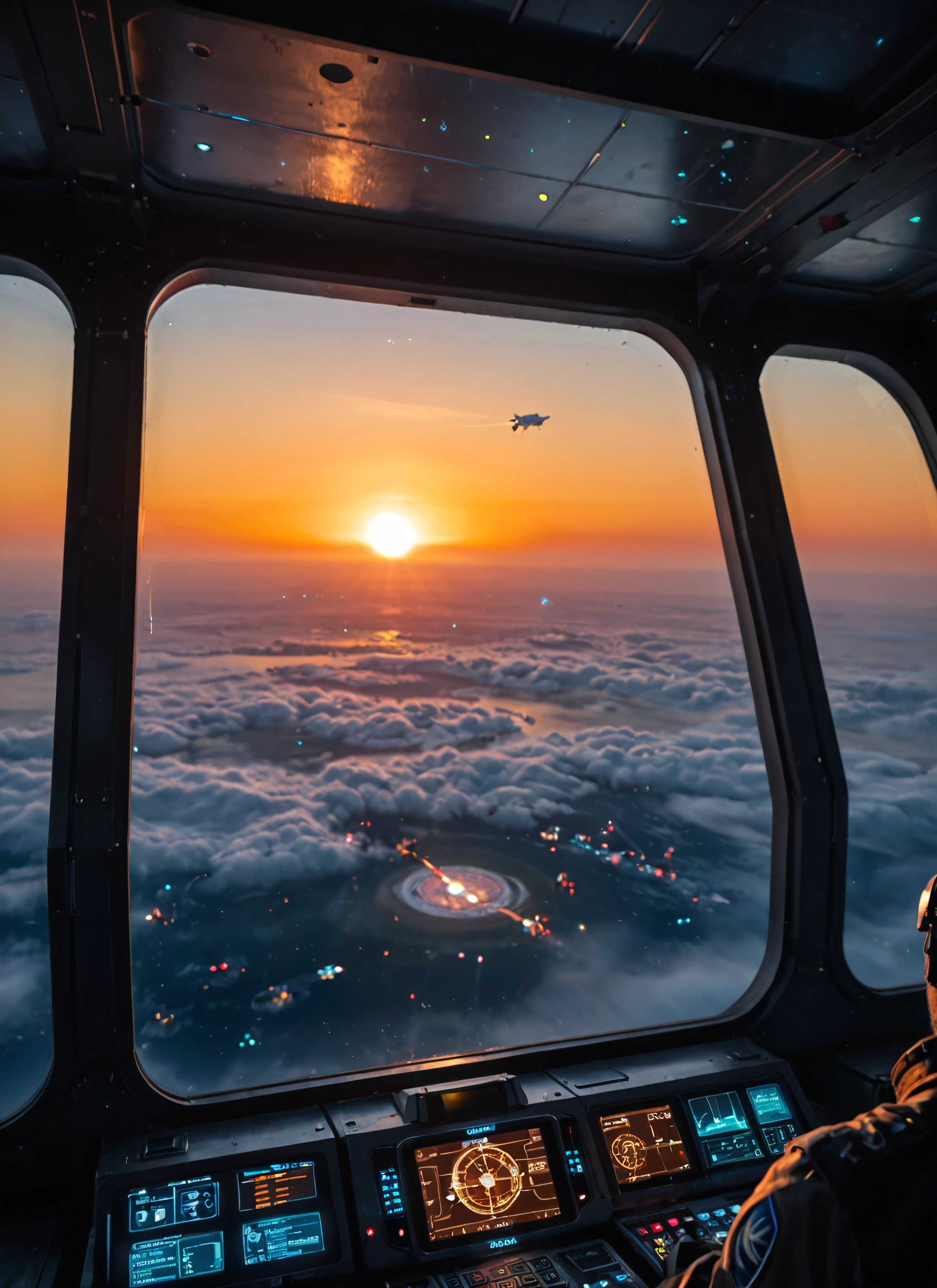 cloud, sun, scenery, sunset, science fiction, cockpit · Yamete.gg