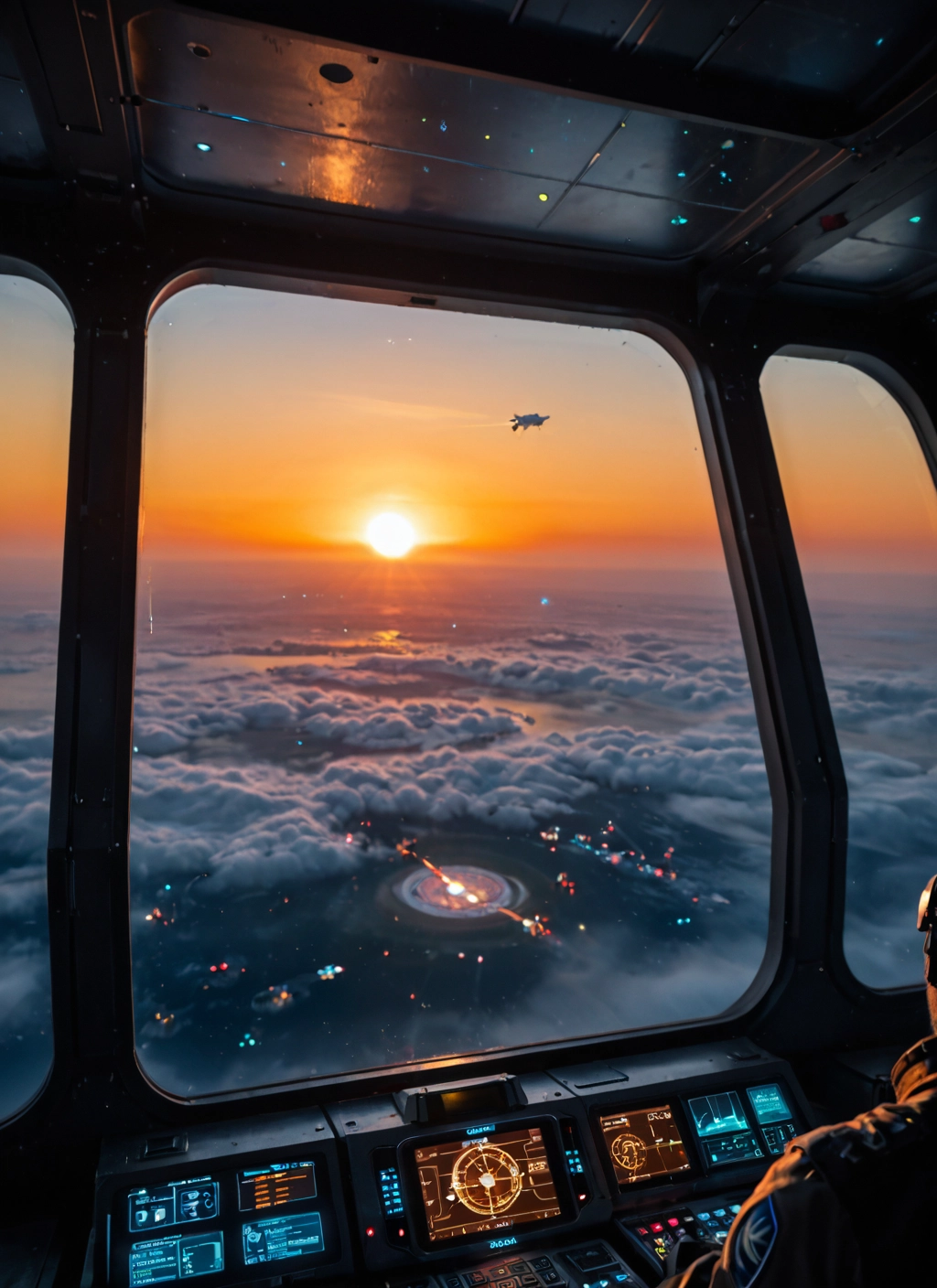 cloud, sun, scenery, sunset, science fiction, cockpit