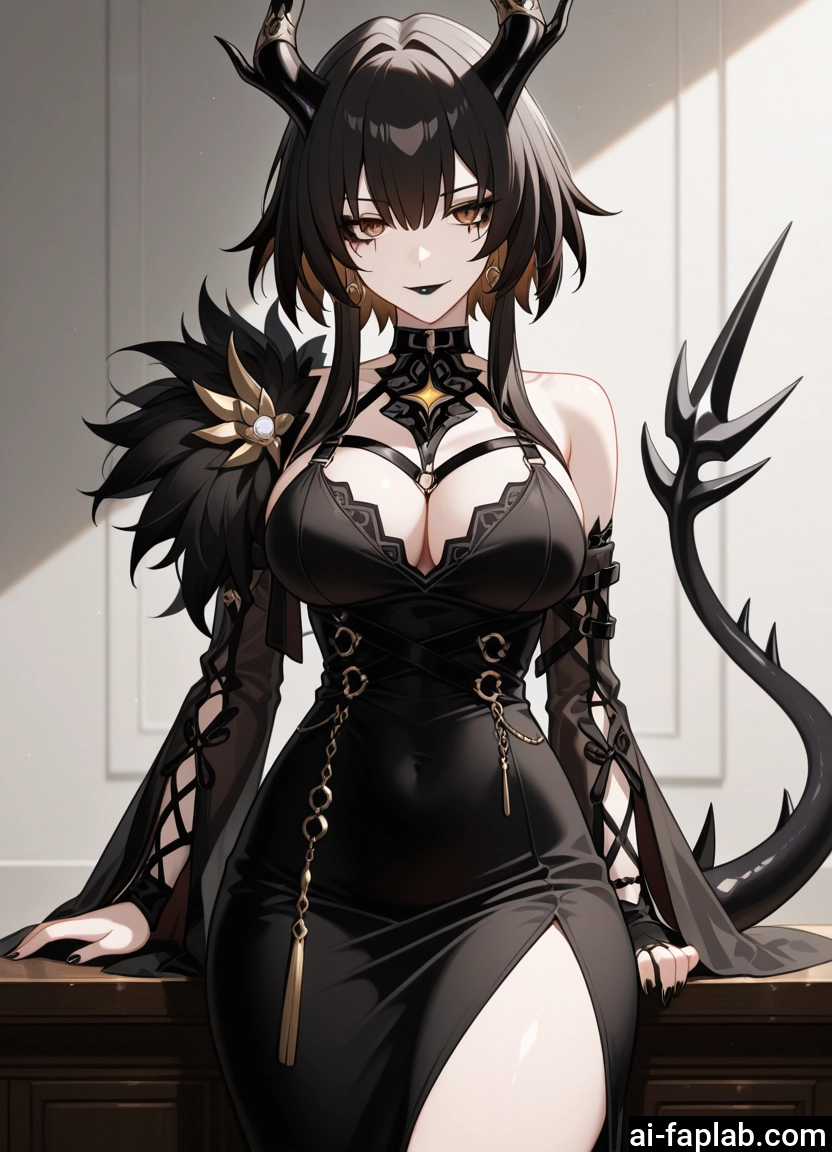 breasts, 1girl, horns, dress, tail, solo
