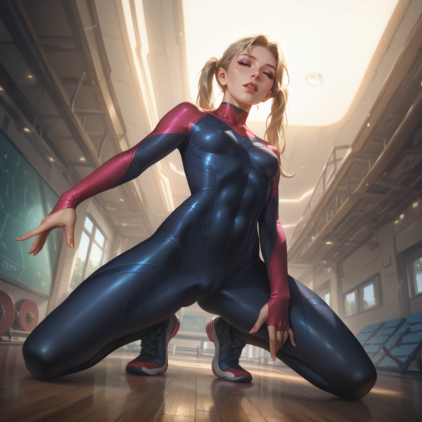 1girl, twintails, bodysuit, blonde hair, solo, breasts · Yamete.gg
