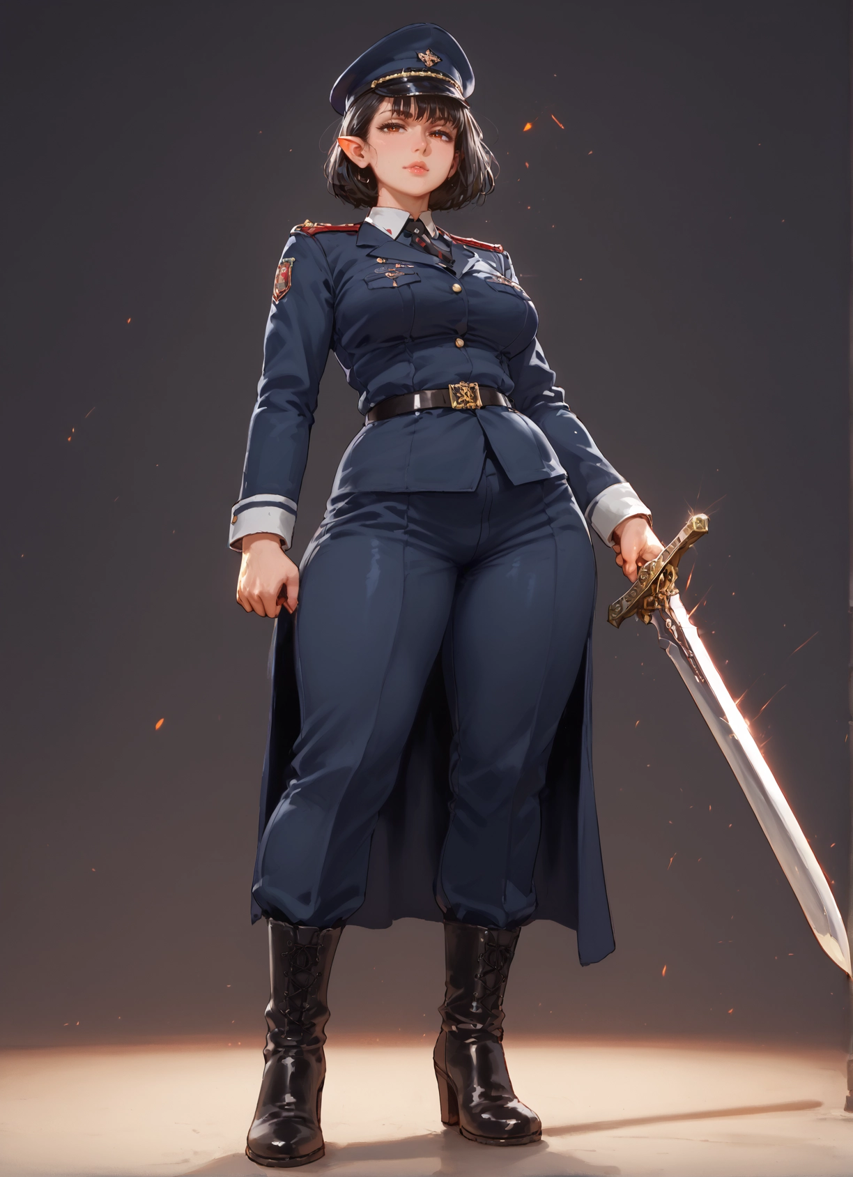 1girl, weapon, sword, pointy ears, uniform, solo · Yamete.gg