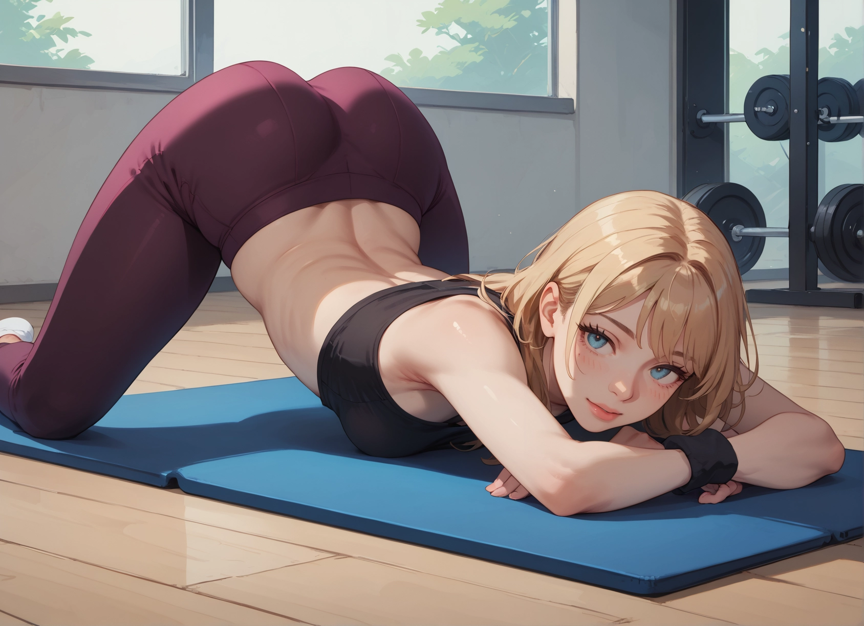 1girl, solo, gym, blonde hair, blue eyes, ass