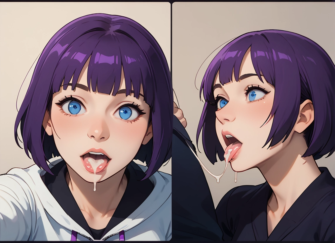 1girl, blue eyes, cum, purple hair, cum in mouth, tongue · Yamete.gg
