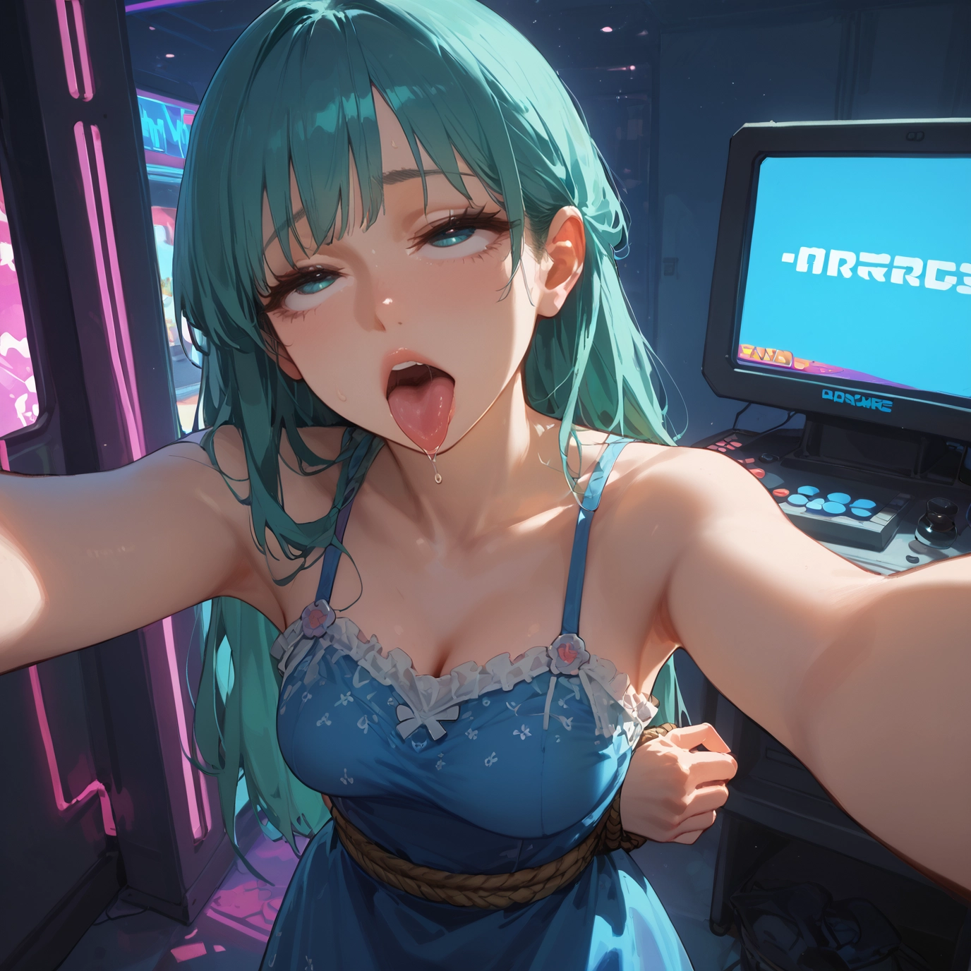 1girl, breasts, tongue, dress, long hair, tongue out · Yamete.gg
