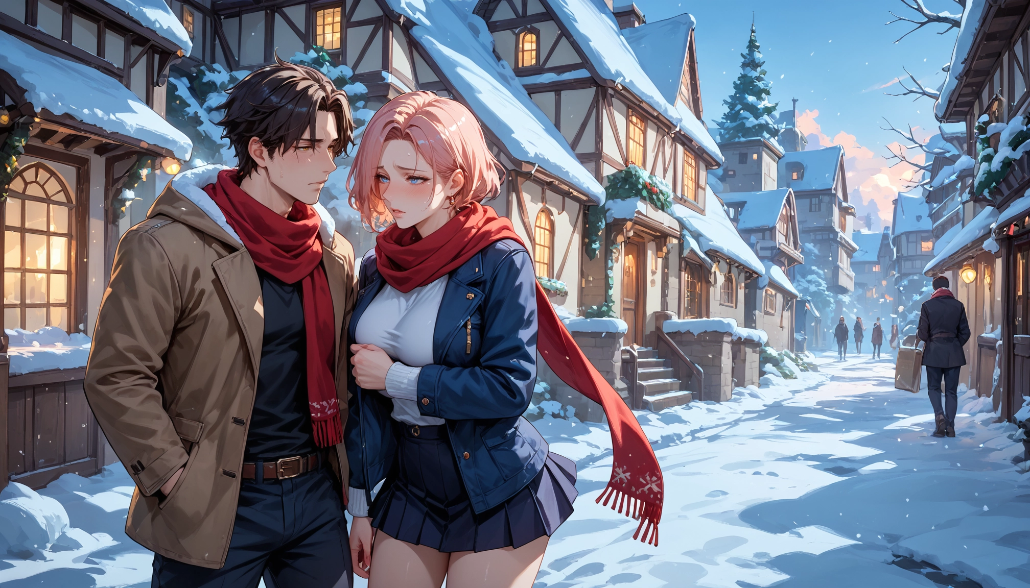 1girl, scarf, skirt, snow, blue eyes, red scarf · Yamete.gg