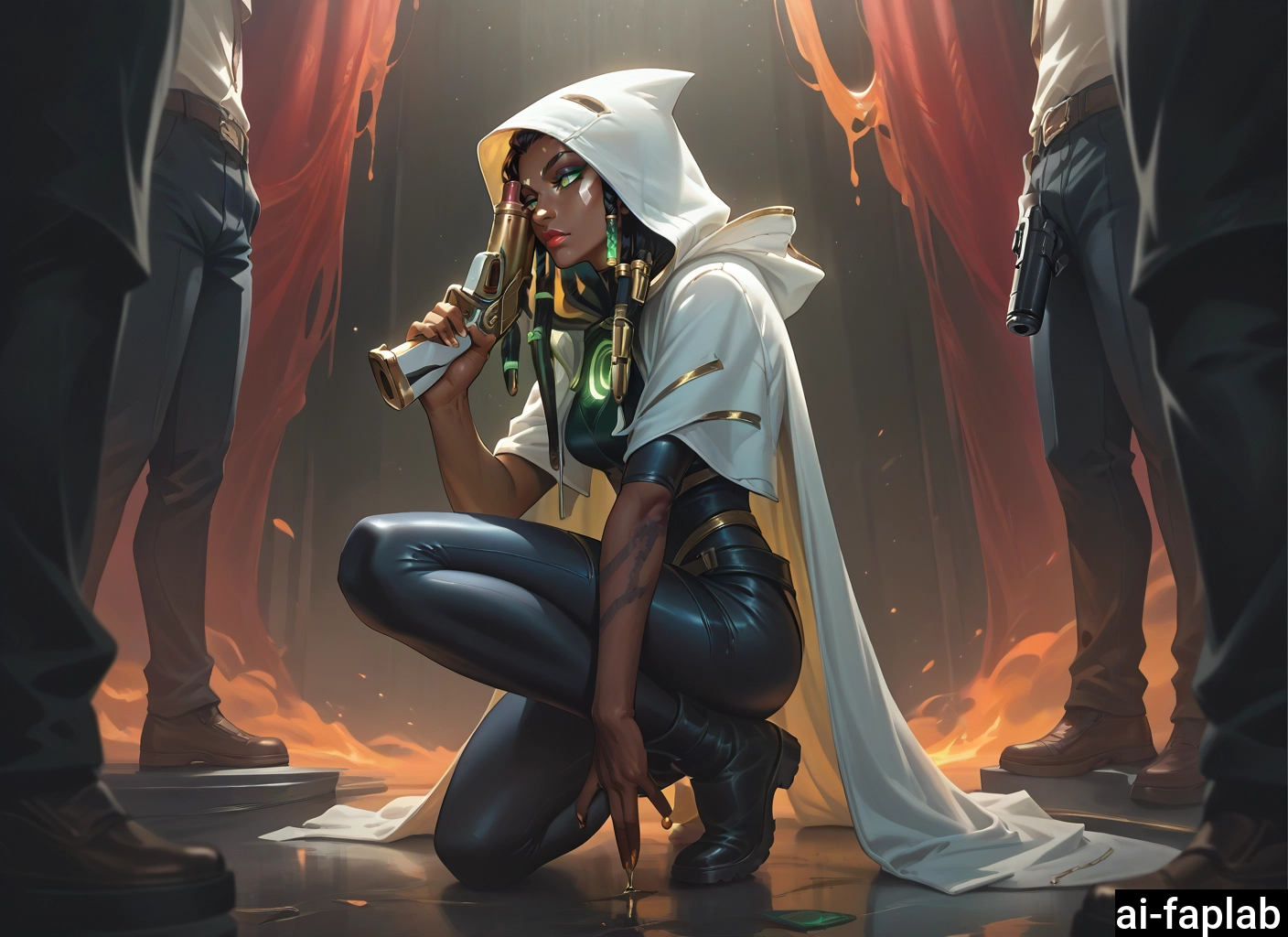 weapon, dark skin, 1girl, dark-skinned female, gun, tattoo · Yamete.gg