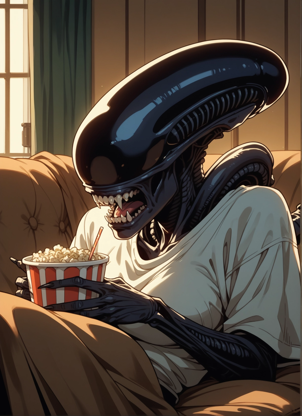 popcorn, shirt, teeth, 1girl, white shirt, open mouth
