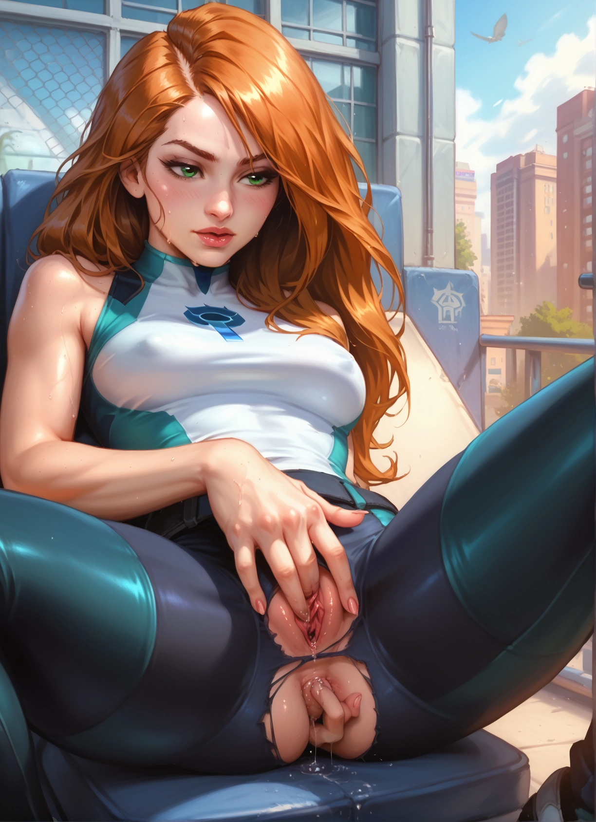 1girl, solo, green eyes, pussy, torn clothes, breasts · Yamete.gg