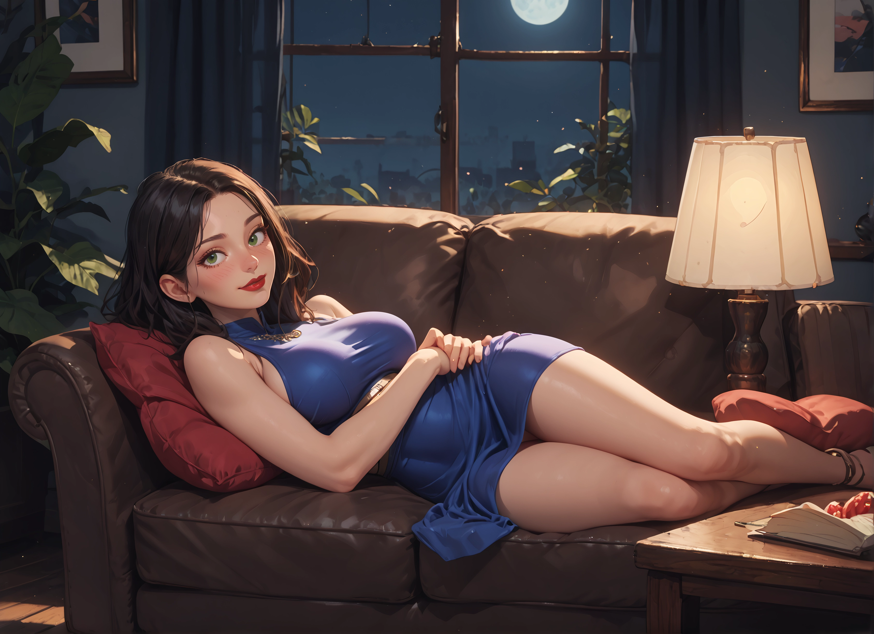 1girl, breasts, dress, green eyes, moon, lying · Yamete.gg