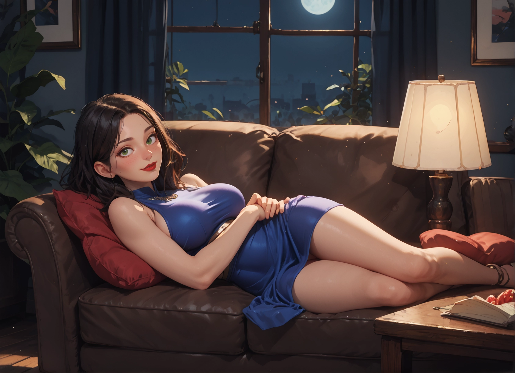 1girl, breasts, dress, green eyes, moon, lying