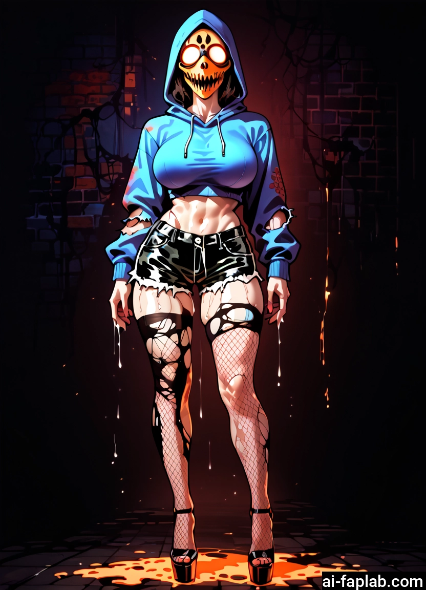 1girl, hood, breasts, shorts, torn clothes, solo