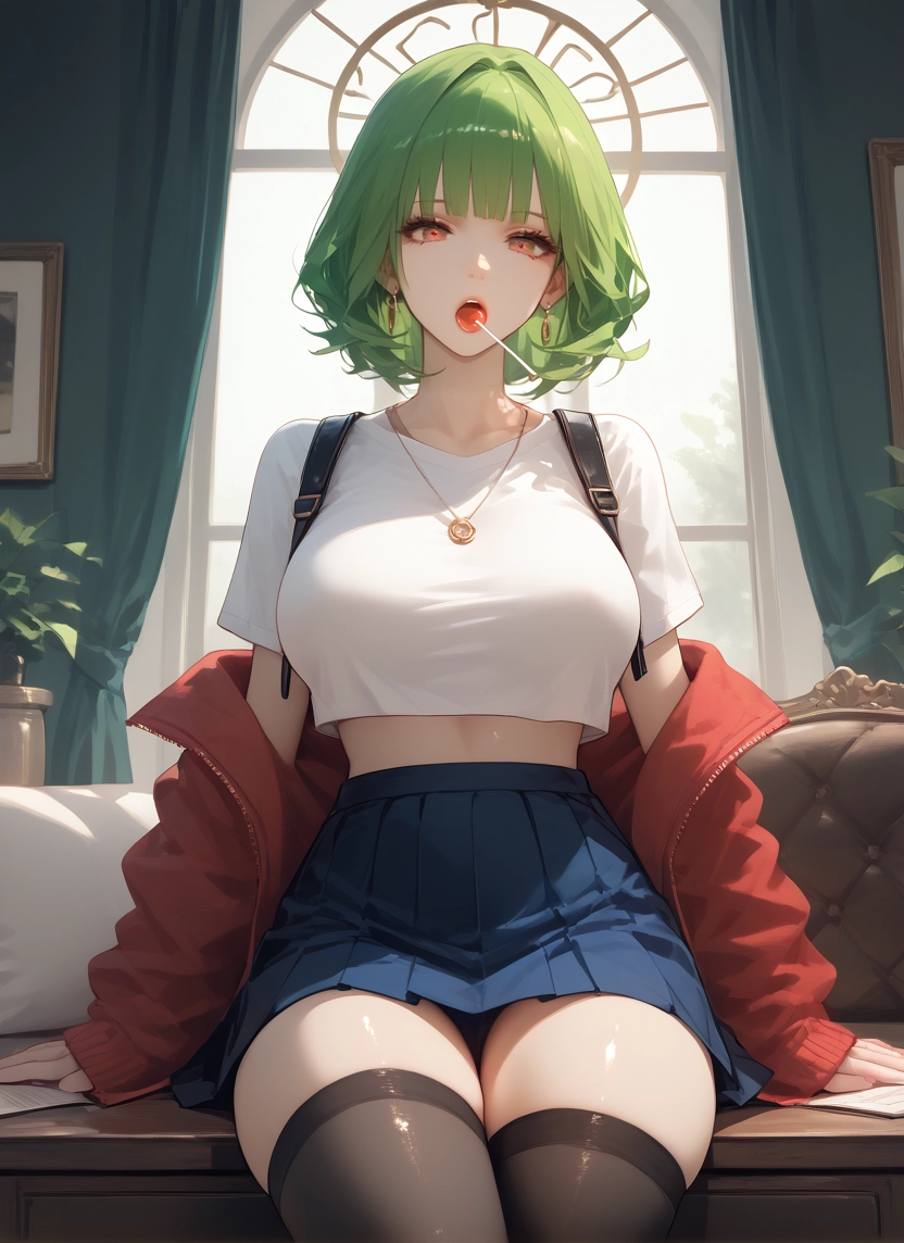 1girl, thighhighs, skirt, green hair, food, solo · Yamete.gg