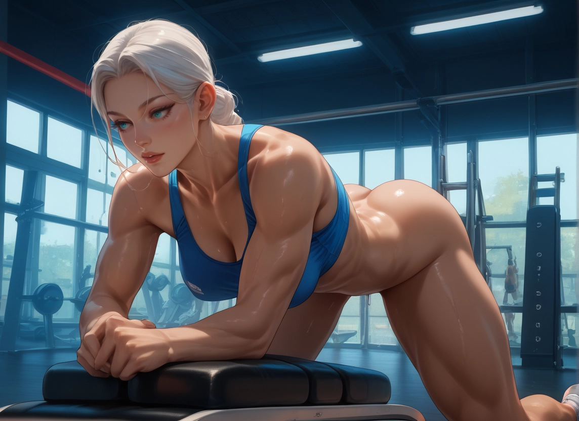 breasts, gym, ass, bottomless, 1girl, sweat · Yamete.gg