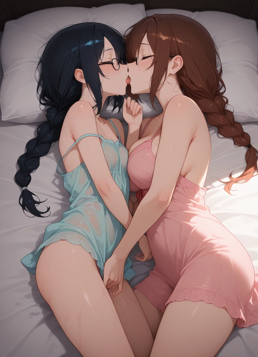 multiple girls, 2girls, breasts, yuri, braid, brown hair · Yamete.gg