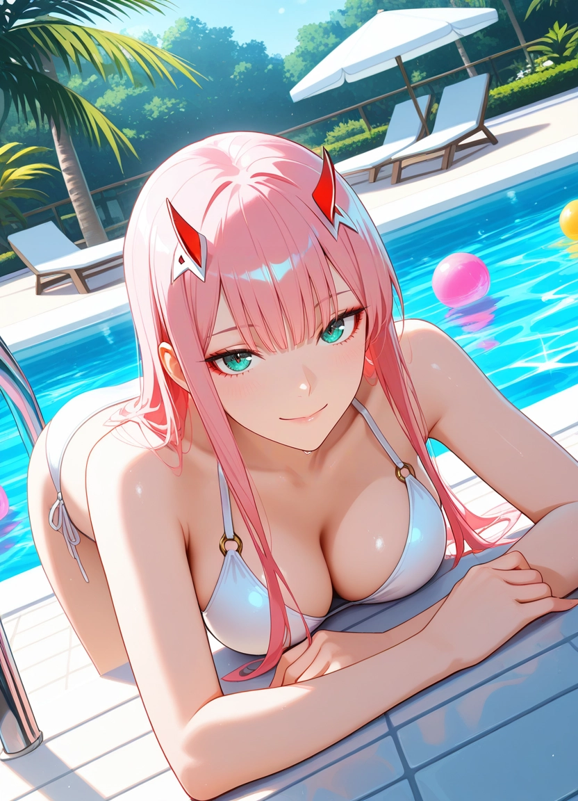 breasts, 1girl, zero two (darling in the franxx), pool, bikini, solo · Yamete.gg