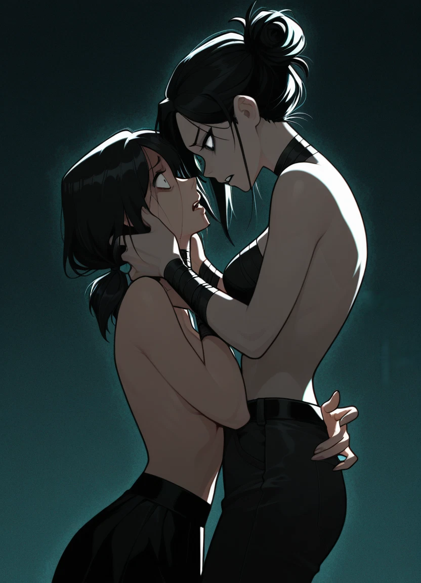 multiple girls, 2girls, black hair, yuri, topless, skirt