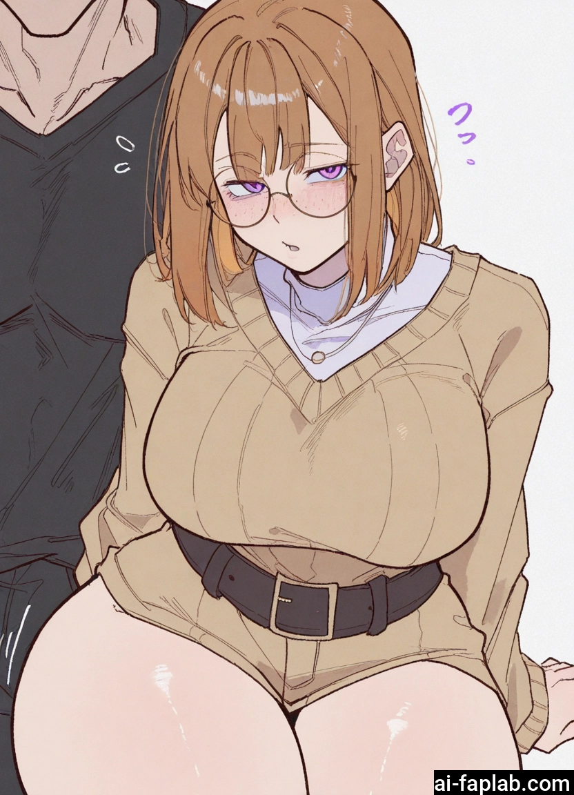 1girl, breasts, 1boy, glasses, sweater, belt