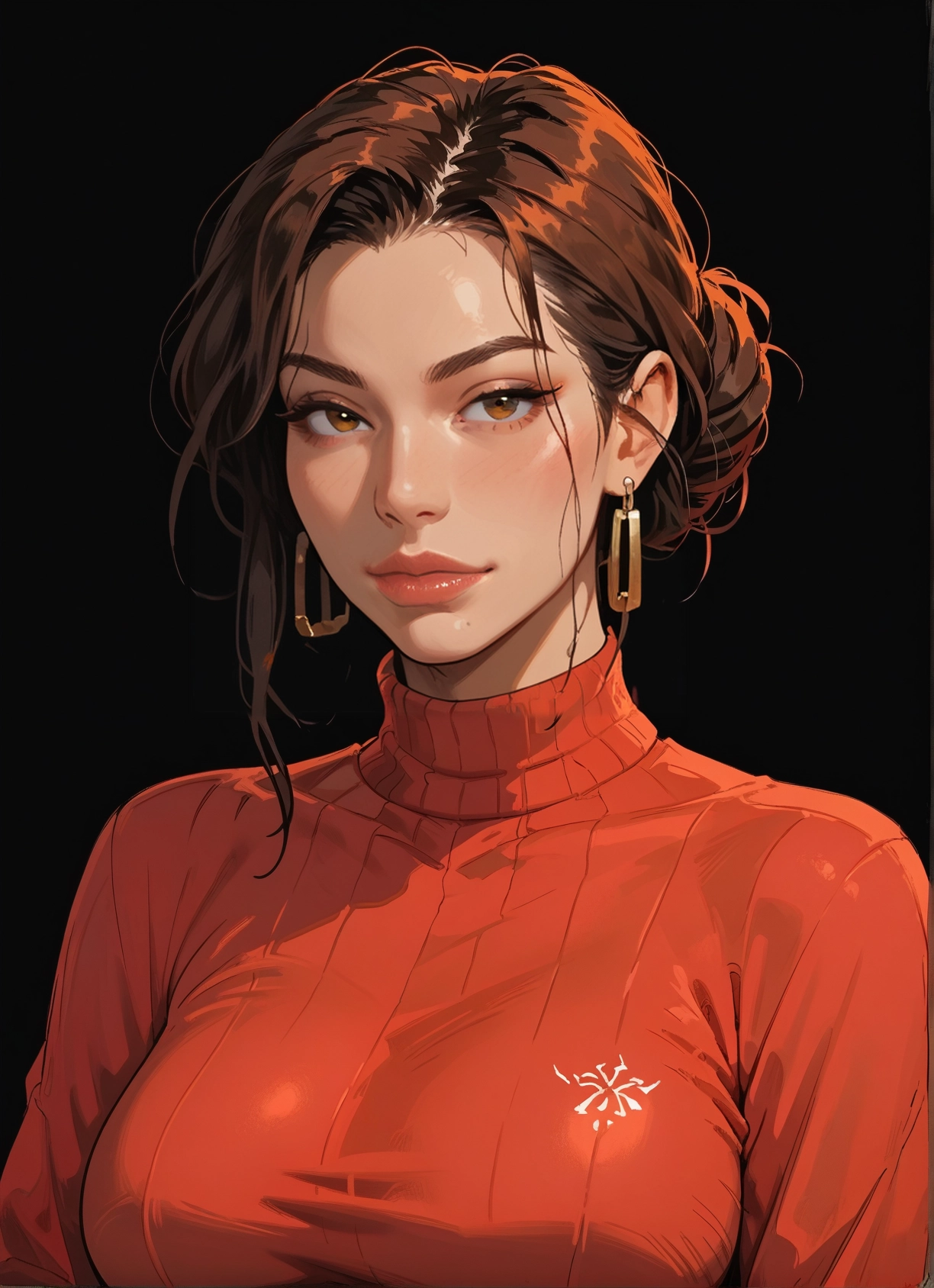1girl, solo, earrings, jewelry, sweater, brown hair · Yamete.gg