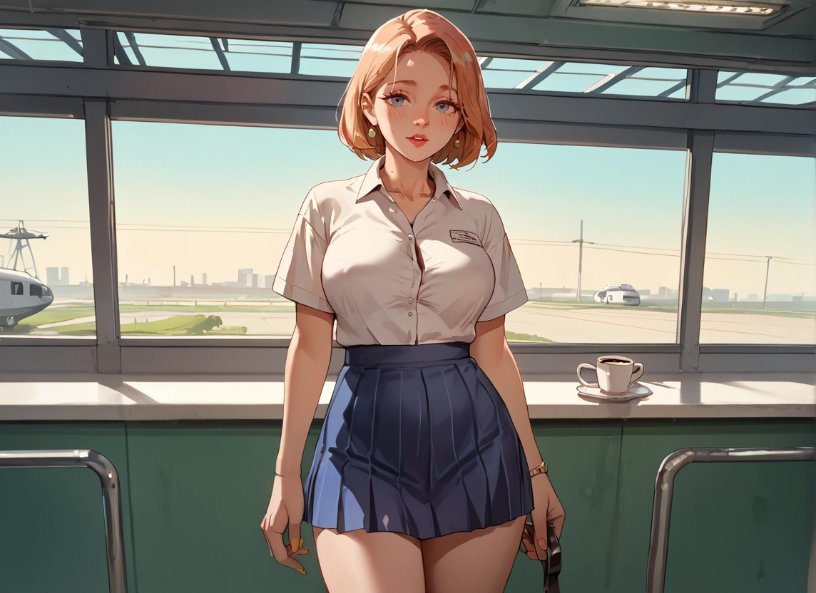 1girl, skirt, blue eyes, breasts, cup, shirt