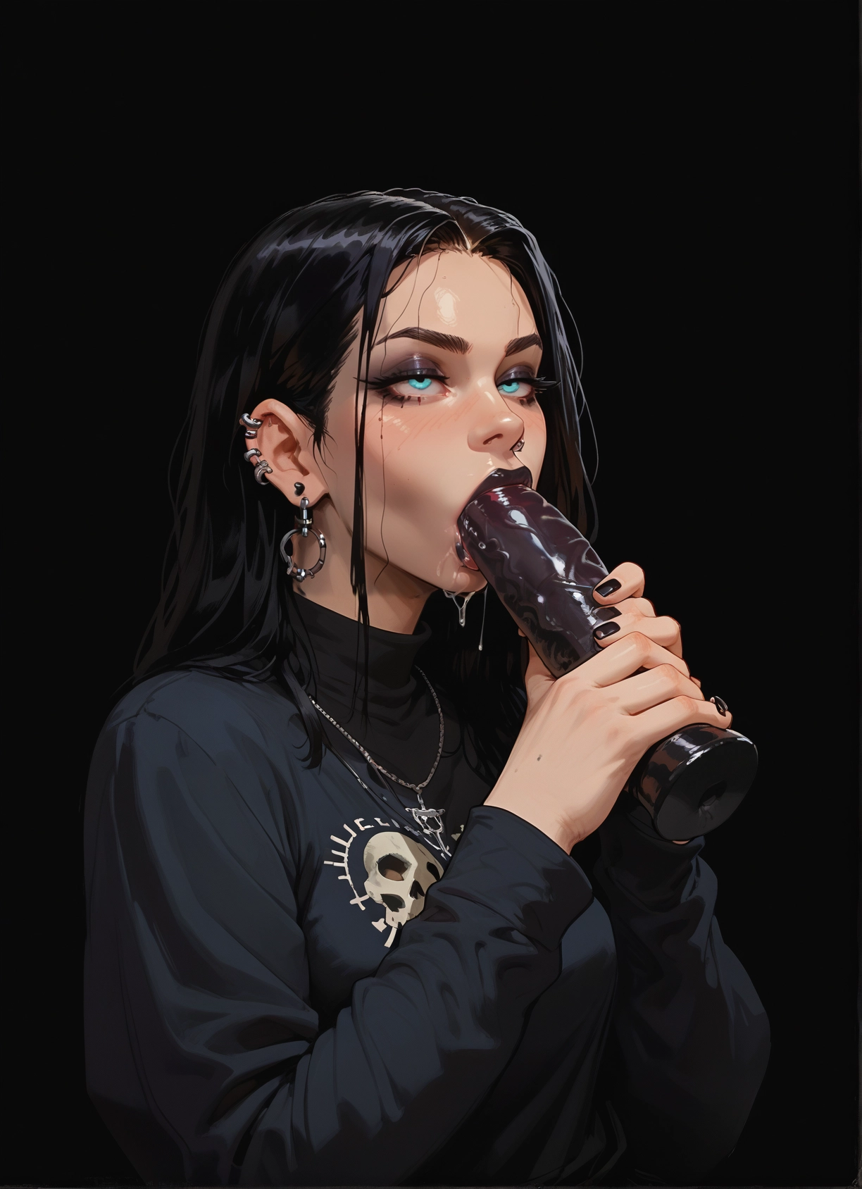 1girl, jewelry, black hair, solo, earrings, piercing · Yamete.gg