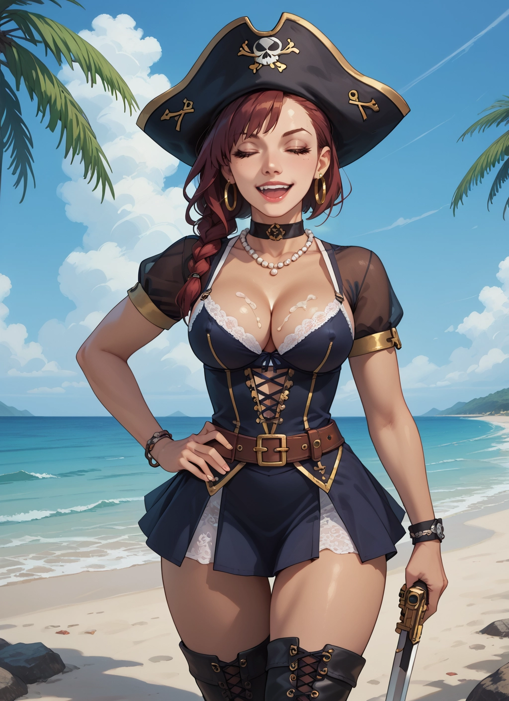 1girl, breasts, jewelry, hat, weapon, thighhighs · Yamete.gg