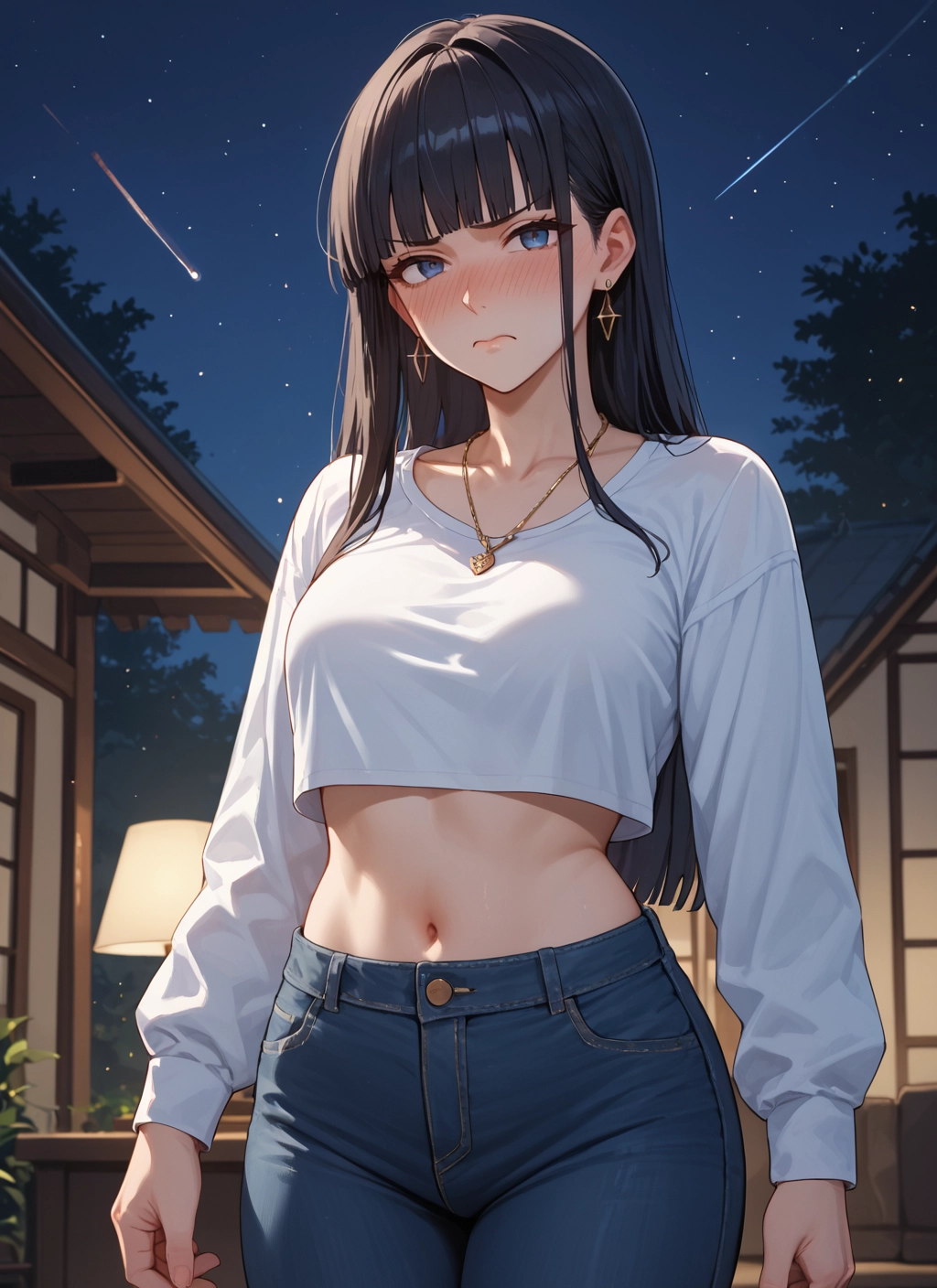 1girl, long hair, navel, jewelry, blush, earrings