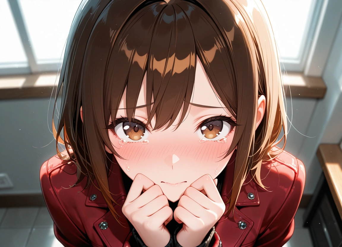 1girl, solo, brown hair, blush, brown eyes, red jacket · Yamete.gg