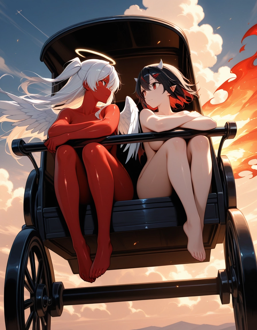 multiple girls, 2girls, nude, wings, horns, halo · Yamete.gg
