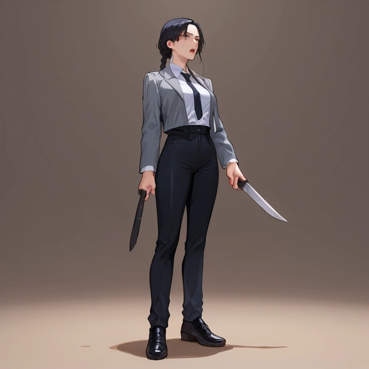 1girl, solo, necktie, knife, pants, holding