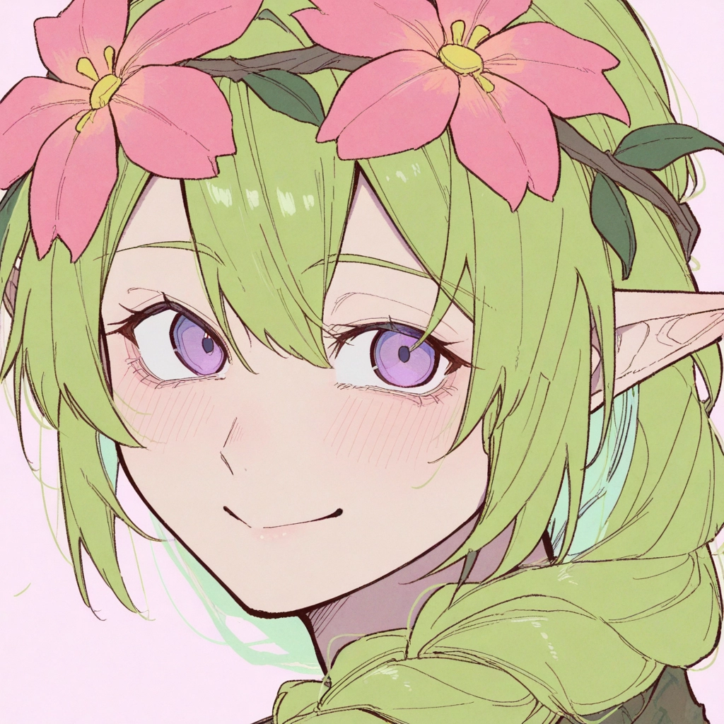 1girl, pointy ears, solo, green hair, flower, smile · Yamete.gg