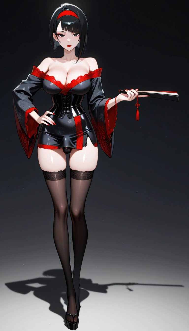 1girl, solo, breasts, thighhighs, cleavage, black hair