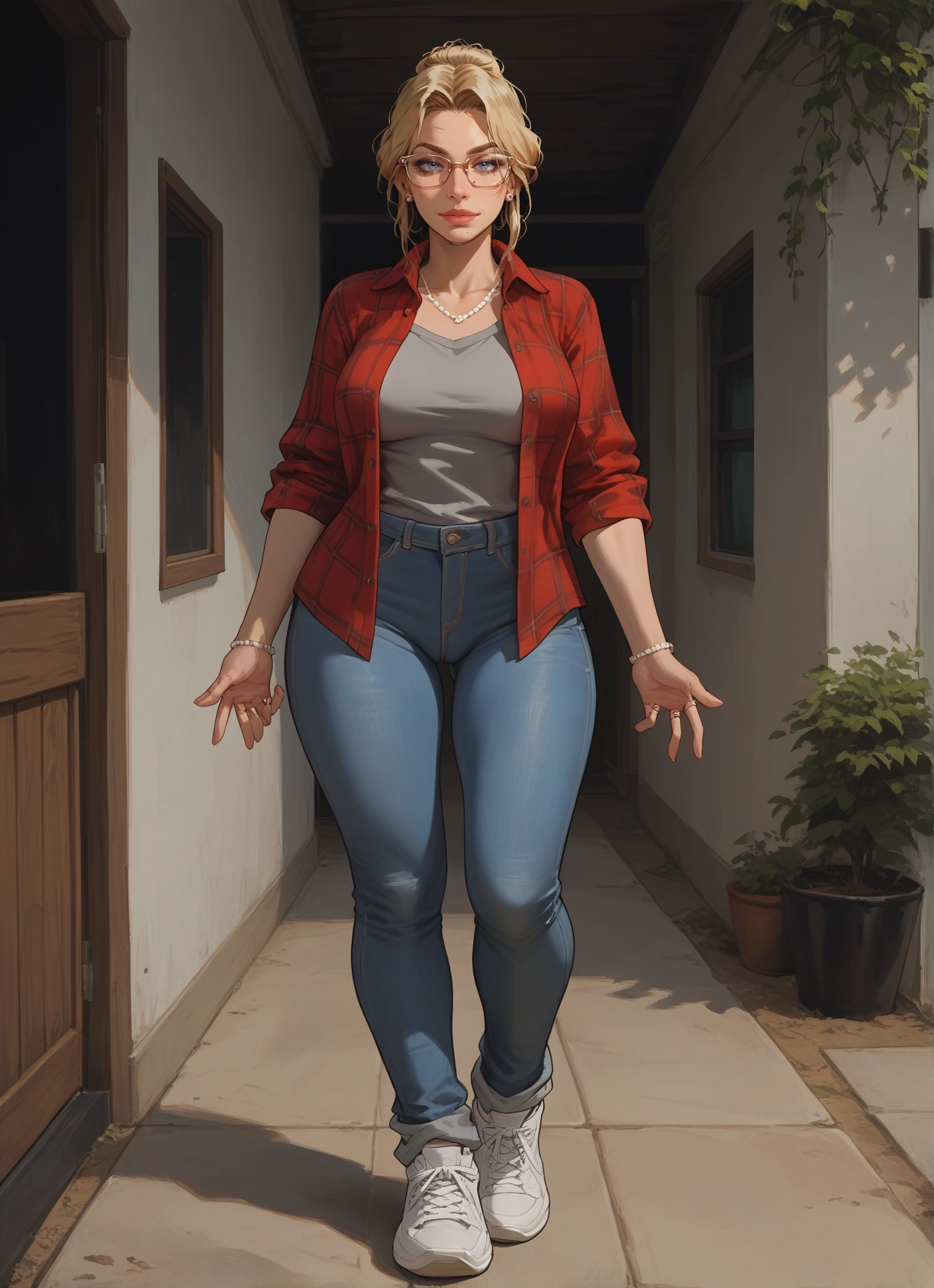 1girl, pants, jewelry, blonde hair, glasses, blue eyes · Yamete.gg